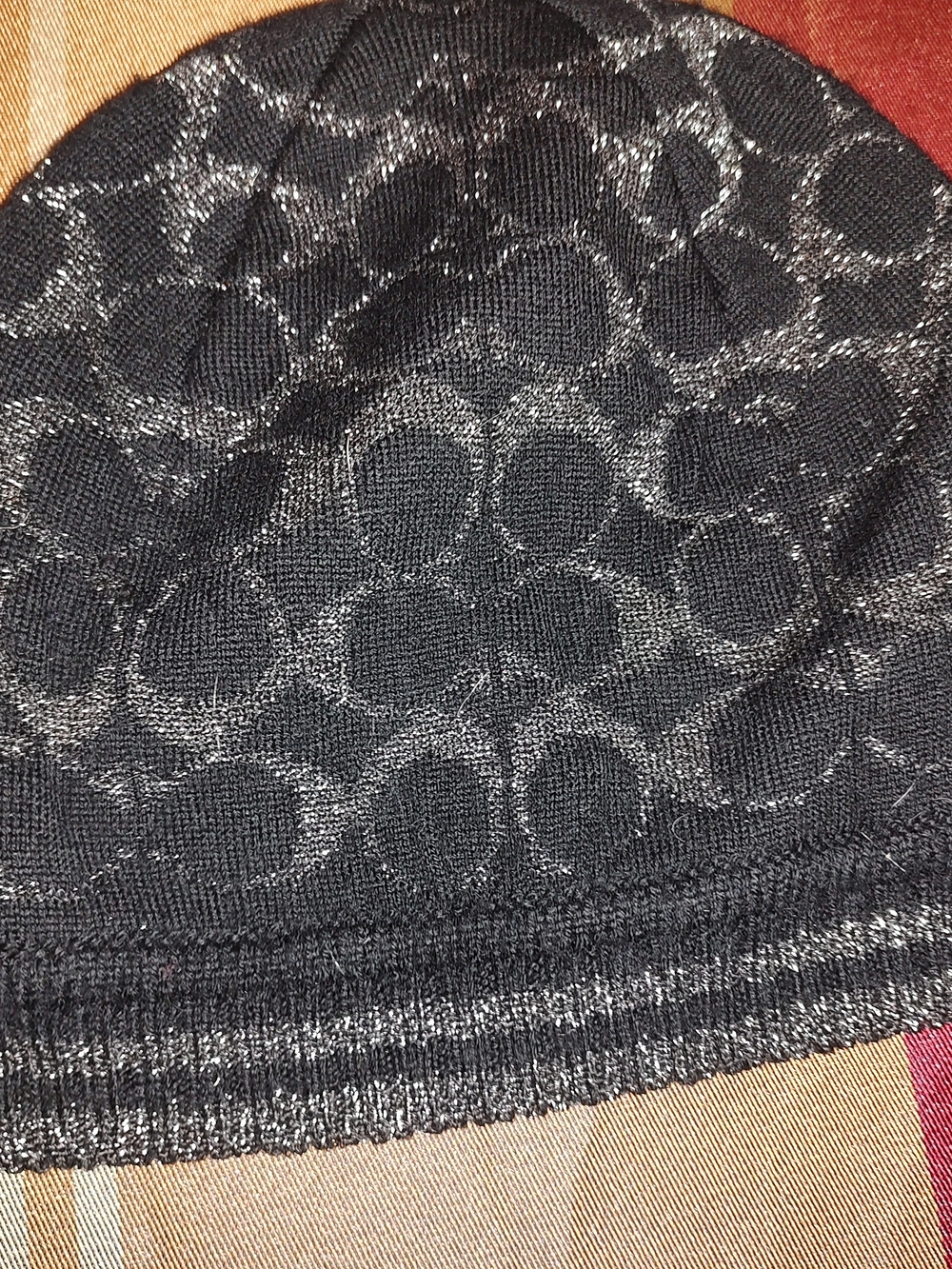 Coach Black Knit Beanie with Metallic Logo Pattern